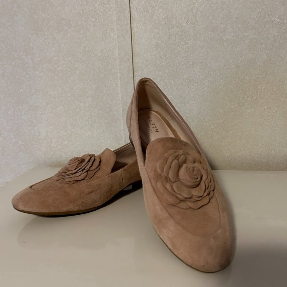 TARYN ROSE Brooke Sz 8 Blush Suede Leather Flower Flats Shoes